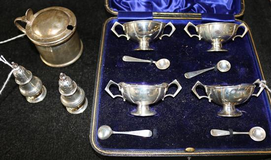 Set of four silver twin-handled pedestal salts & spoons (cased), a silver mustard & a pair of small urn peppers